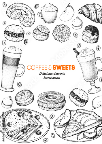 Coffee shop menu design. Hand drawn sketch illustration. Coffee and desserts. Cafe menu elements. Desserts for breakfast.