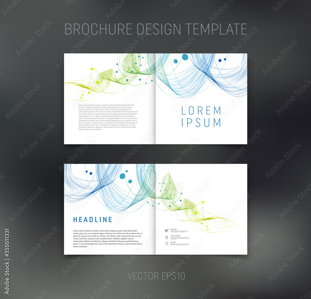 Vector brochure, booklet, presentation design template with colorful dynamic swirl on white abstract background