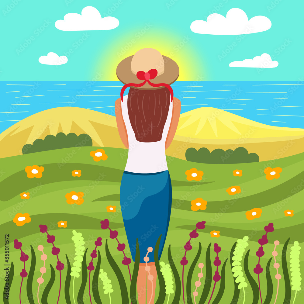 Girl meets the dawn in nature. Beautiful scenery of the sea, fields and sand. Man alone with nature. Editable Vector Illustration