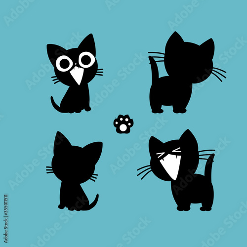 Vector cartoon happy black cat on face and back saying meow meow.
