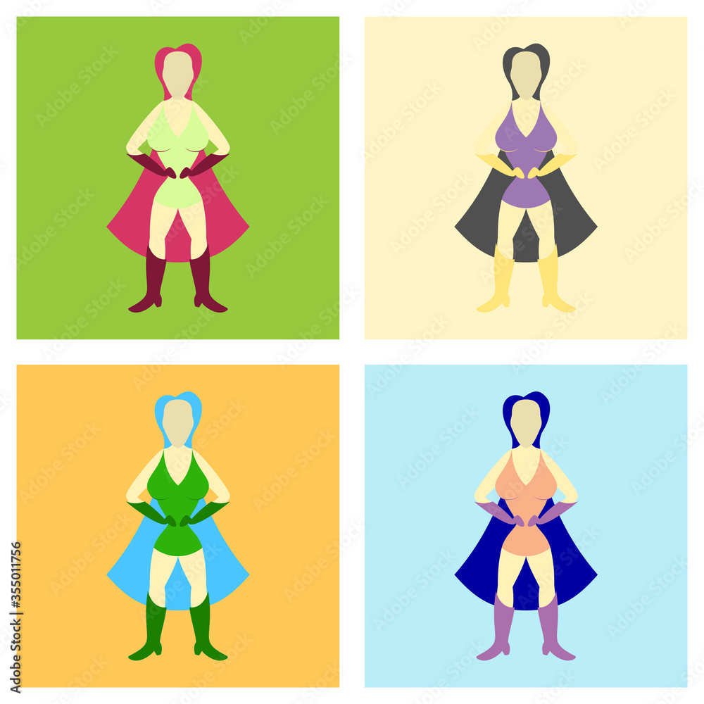 Set of Superhero woman.Female cartoon character . Icon in flat style Set of Superhero woman.Female cartoon character . Icon in flat style
