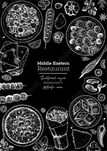 Middle eastern food top view frame. Food menu design with pita, shawarma, kebab, baklava, meat balls. Vintage hand drawn sketch vector illustration.