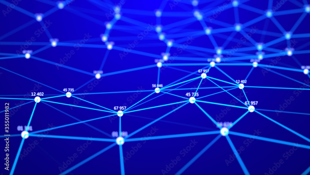 Network of connected dots and lines. Big data. Abstract digital background. Grid. Block chain. 3d rendering.