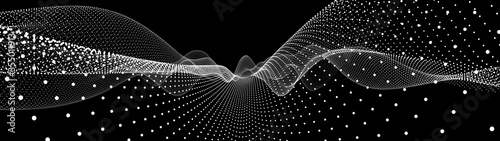 Abstract gradient dynamic wave of particles. Network of bright points or dots. Big data. Digital background. Vector