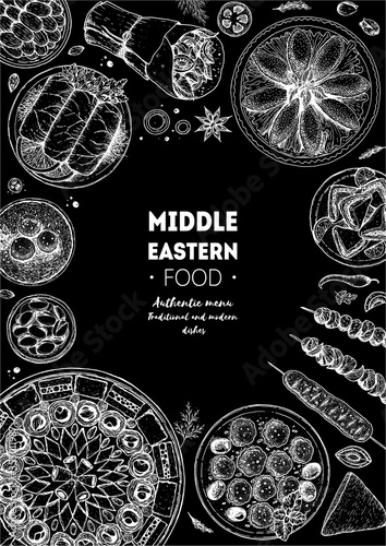 Middle eastern food top view frame. Food menu design with dolma, kibbeh, kebab, shawarma, baklava, meat balls . Vintage hand drawn sketch vector illustration.