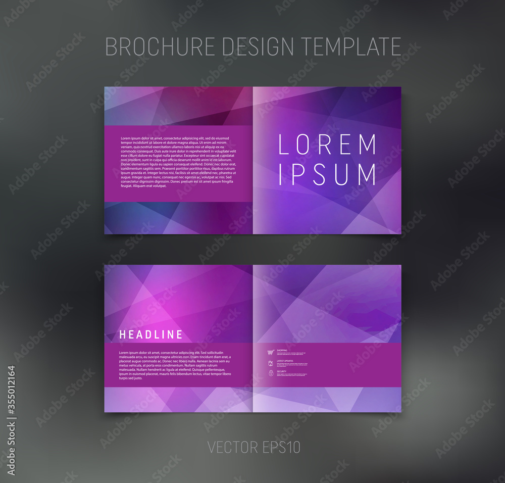 Vector brochure, booklet, presentation design template with purple geometric low poly abstract background
