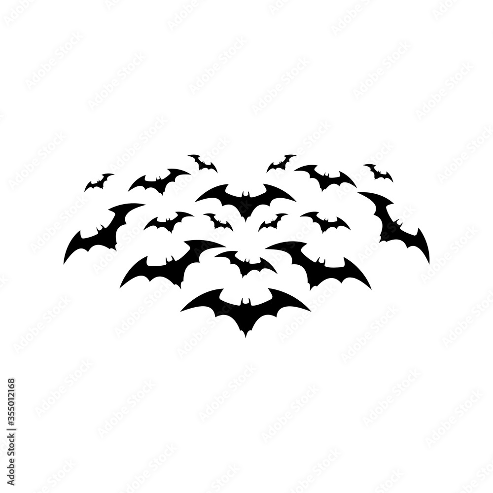 Obraz premium Black silhouette of bats set on white background. Horror black bats isolated vector good for Halloween.