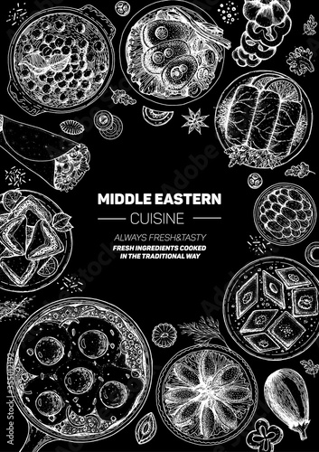 Middle eastern food top view frame. Food menu design with kibbeh, dolma, shakshouka, shawarma and sweets. Vintage hand drawn sketch vector illustration.
