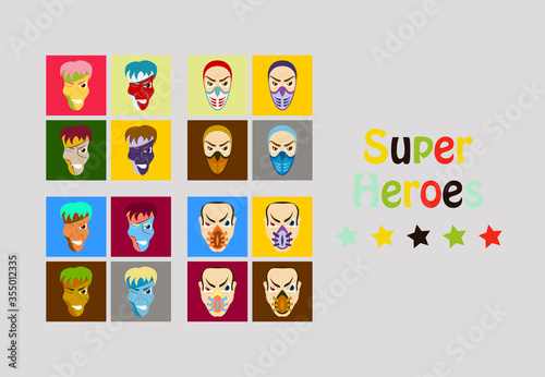 Superhero actions icon set in cartoon colored style different poses vector illustration