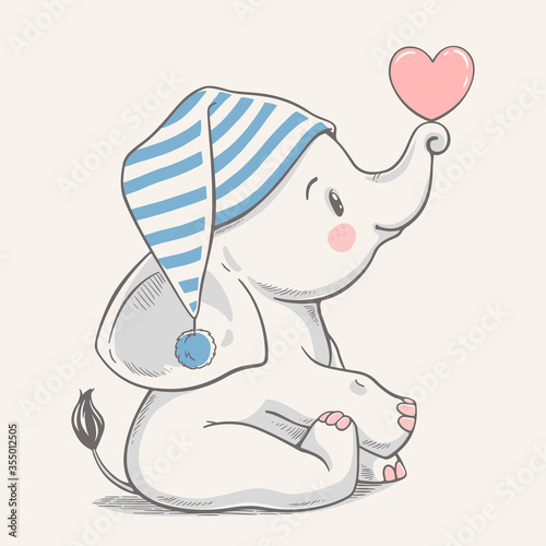 Hand drawn vector illustration of a cute baby elephant in a striped sleeping cap.