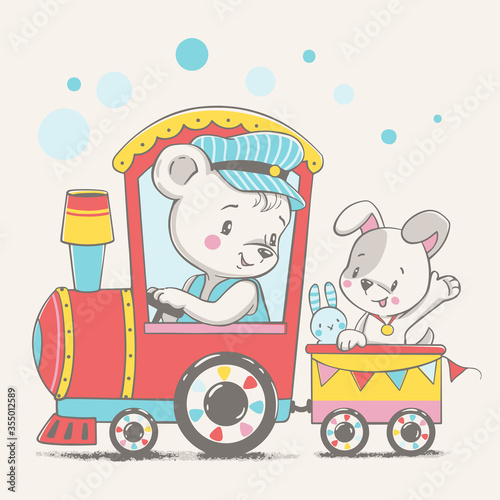 Vector illustration of a little bear and puppy, traveling in a toy locomotive.