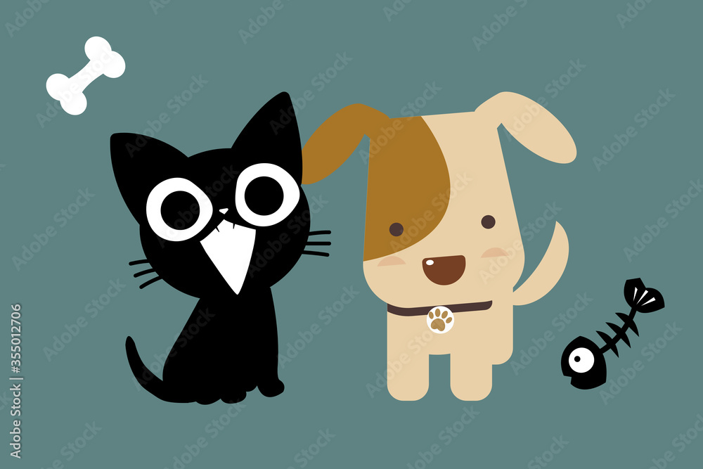 Vector cartoon happy black cat and lovely dog sitting together on pastel color background.