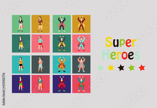 Superhero actions icon set in cartoon colored style different poses vector illustration