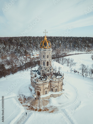 Photography Orthodox Church in the neo-Gothic style in a city near Moscow with a Golden dome