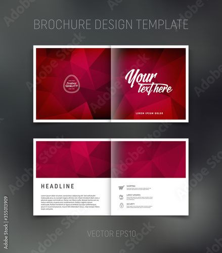 Vector brochure, booklet, presentation design template with dark red geometric low poly abstract background