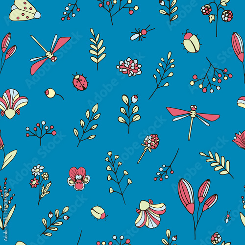 seamless pattern of plant flower elements with berries insects ladybug butterfly bow tie dragonflies on a blue background, vector hand-drawn drawing stock illustration nature berry twigs