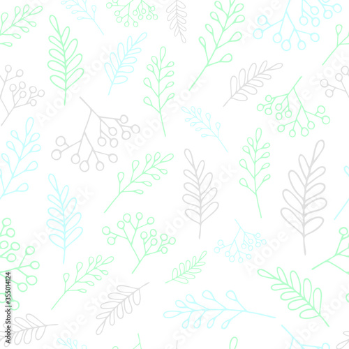 seamless pattern twigs leaves rowan berries in pastel colors on a white isolated background vector drawing hand-drawn stock illustration line drawing