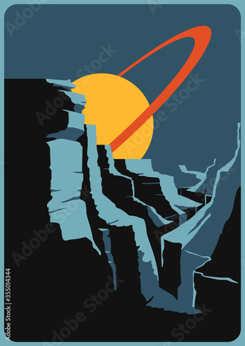 Distant Planet Landscape Poster, Mid Century Modern Style, Saturn, Extraterrestrial Rocks