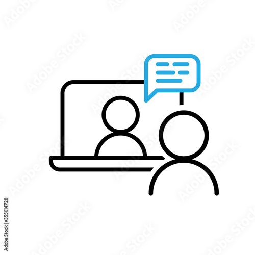 Video chat conference icon. People on computer screen. Home office. Digital communication. Internet teaching media.