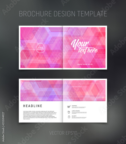 Vector brochure, booklet, presentation design template with pink and purple geometric abstract background
