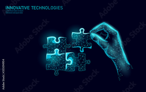 3D puzzle pieces joined together. Teamwork business concept. Creative idea problem solution cooperation. Low poly blue strategy match game vector illustration