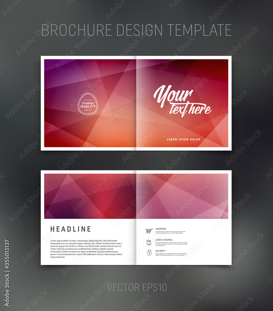 Vector brochure, booklet, presentation design template with red and purple geometric abstract background