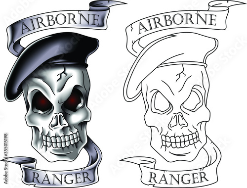 Skull wearing a beret airborne troops. Optional tape labeled Airborne Ranger.