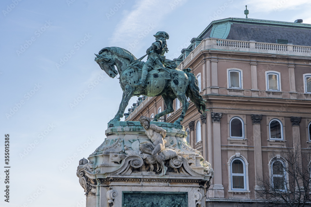 Bronze statue of Equestrian statue of Prince Eugene of Savoy on limestone outside national gallery in budapest