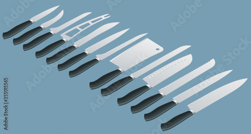 Isometric Knives butcher meat knife set. Cleaver  filleting  french  boning  carving. Kitchen drawknife or cleaver and sharp knifepoint illustration isolated on background.