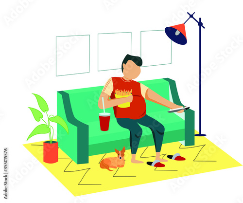 Obese man eating fast food. Bad habit. Vector flat Illustration. Gluttony leading to obesity cartoon poster with fat man.