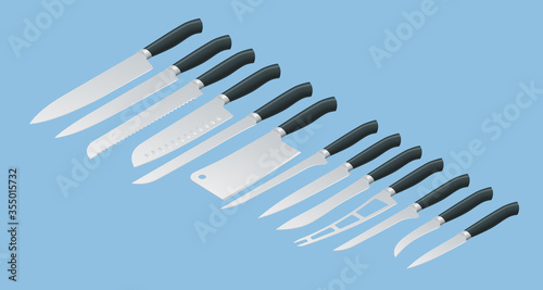 Isometric Knives butcher meat knife set. Cleaver  filleting  french  boning  carving. Kitchen drawknife or cleaver and sharp knifepoint illustration isolated on background.