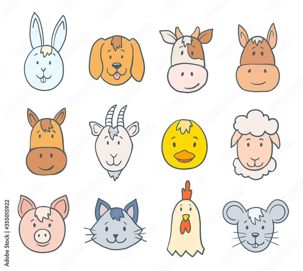 Obraz premium Set of cartoon animal faces on white 