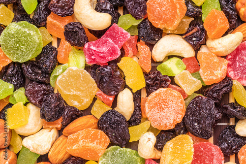 Dried fruits and nuts, top view.