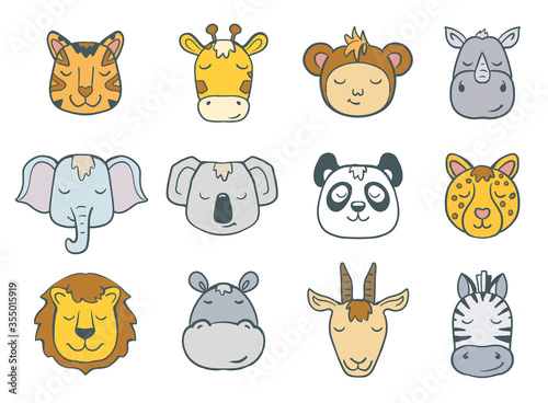 set of cartoon jungle animal faces on white. vector