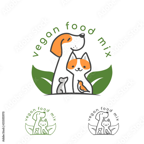 dog and cat, mouse and bird, green leaves vegan food for pets logo. vector
