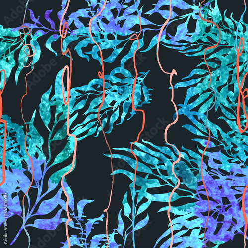 Vector seamless pattern with colorful illustration of exotic leaves. Use it for wallpaper, textile print, pattern fills, web page, surface textures, wrapping paper, design of presentation