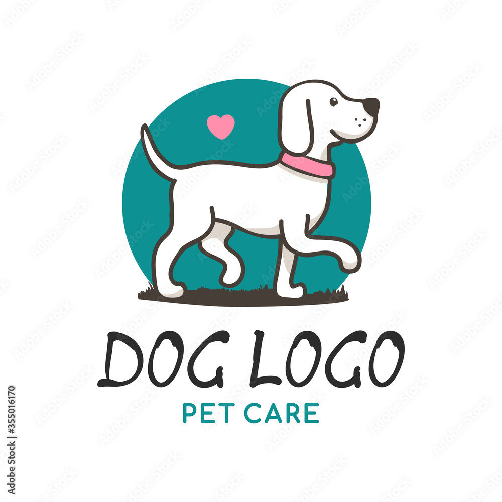 cartoon cute dog logo walking with pink collar. white little dog and heart symbol. vector
