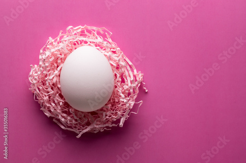 White chicken egg in a paper nest