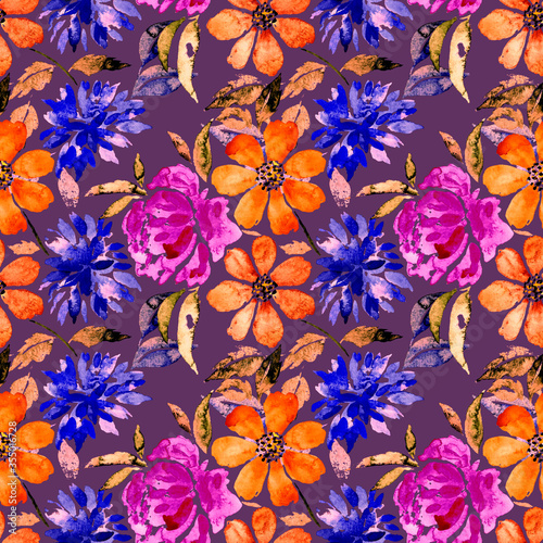 Watercolor seamless pattern with floral bouquets. Vintage botanical illustrat...