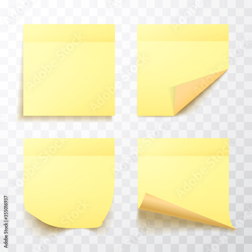 Yellow colored sheet of note papers with curled corner and shadow, ready for your message. Realistic. Vector illustration