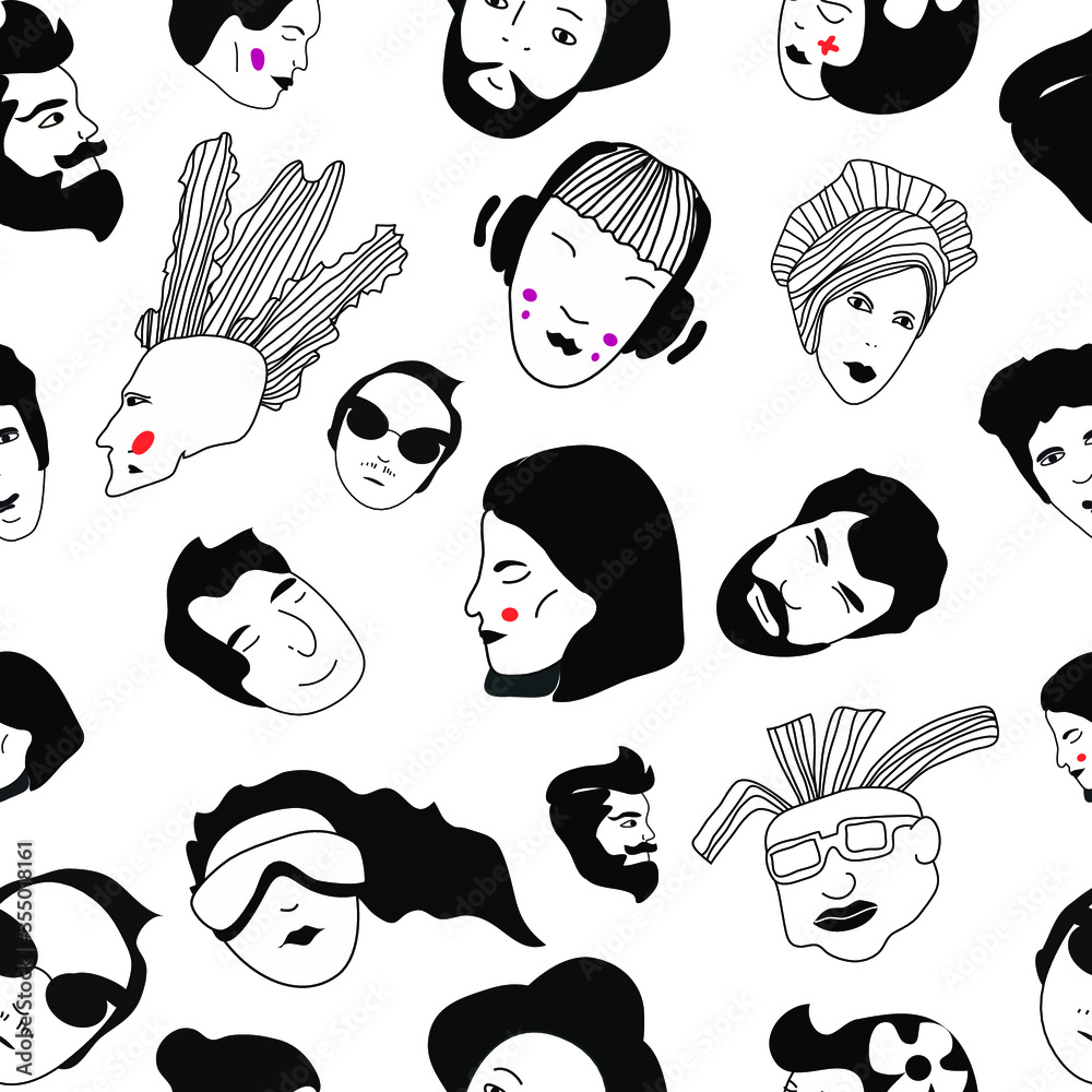 Seamless pattern and hand drawn texture. Portraits of various man and ...