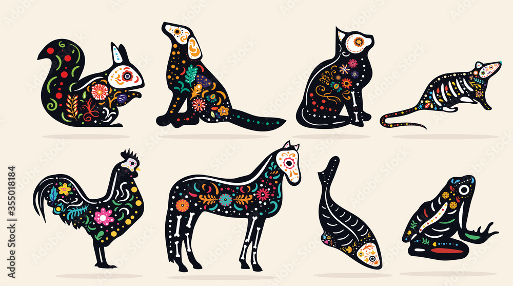 Set of eight pet Dia de Muertos, or Mexican Day of the Dead, designs with intricate colorful patterns for different animals, colored vector illustration Set of eight pet Dia de Muertos, or Mexican Day of the Dead, designs with intricate colorful patterns for different animals, colored vector illustration