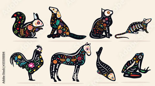 Set of eight pet Dia de Muertos, or Mexican Day of the Dead, designs with intricate colorful patterns for different animals, colored vector illustration