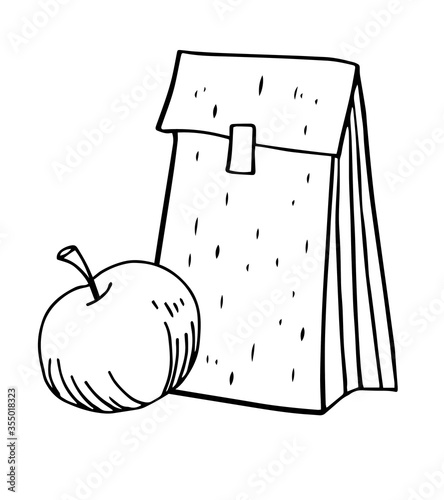 Apple and paper bag for food. Hand drawn outline vector sketch illustration