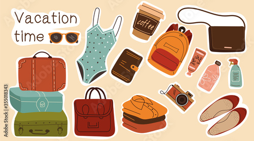Collection of colorful vacation stickers or labels with luggage, cosmetics, sunglasses, bathing costume, handbag and purse, colored vector illustration