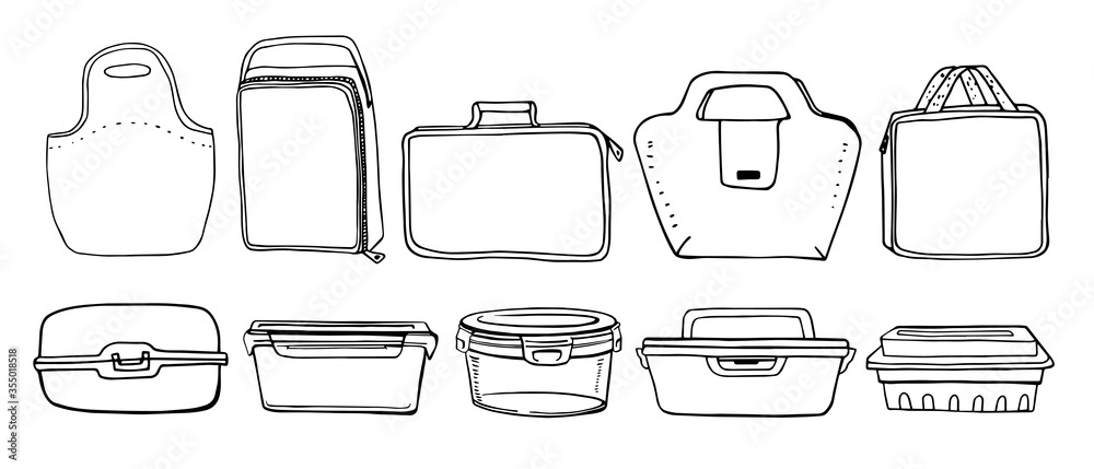 Set of food empty plastic food containers. And bags for lunchboxes. Hand drawn outline isolated vector sketch illustration Set of food empty plastic food containers. And bags for lunchboxes. Hand drawn outline isolated vector sketch illustration