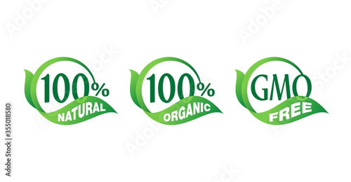 100 natural, 100 organic, GMO free - mark for healthy food, vegetarian nutrition - vector sticker set
