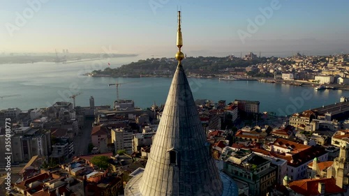 Galata Tower aerial view with Drone From Istanbul Turkiye. photo