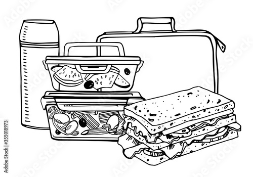 Composition with school lunch. Two food containers, bag, thermos and sandwich. Hand drawn outline vector sketch illustration