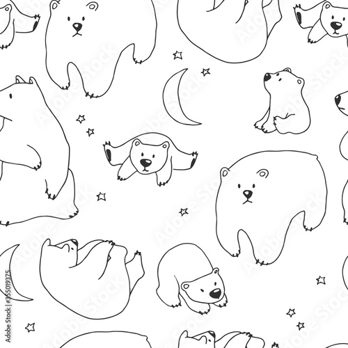 Vector seamless pattern with cartoon polar bears isolated on white background. Hand drawn texture with cute north animals in doodle style.
